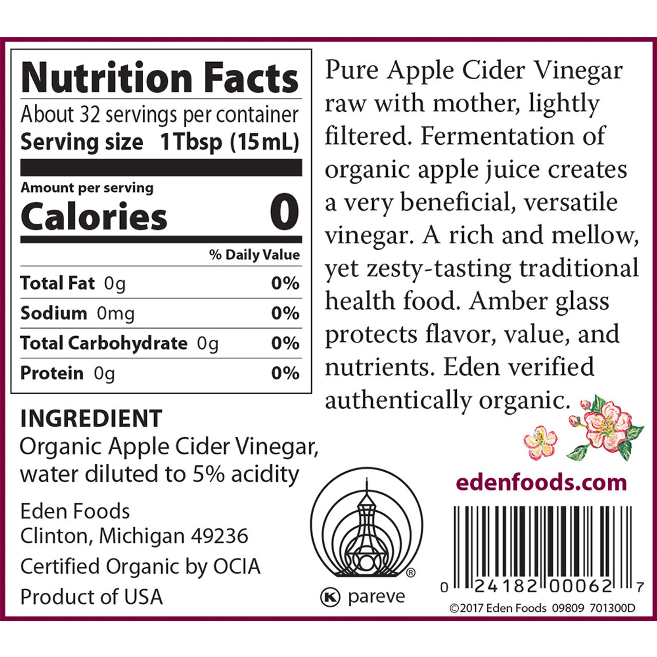 Eden Organic Apple Cider Vinegar Raw with Mother 473ml